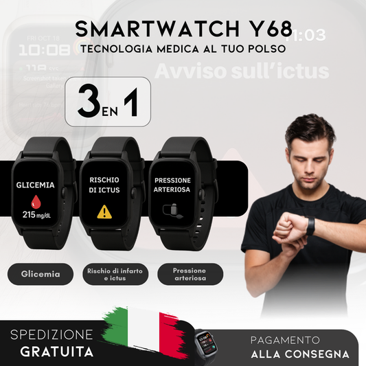 SmartWatch Y68 – Monitor Medico 3 in 1 (Glicemia, Pressione, Rischio di Ictus) | Menu in Italiano